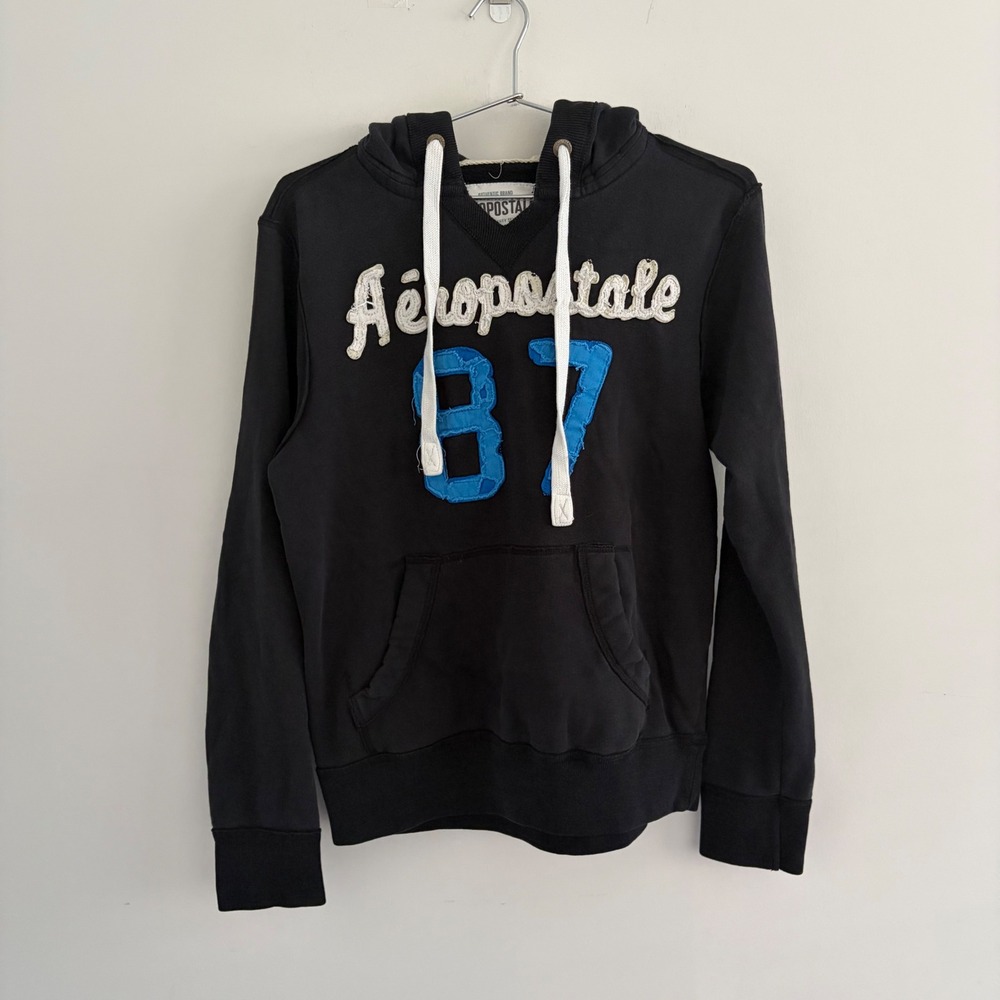 Aeropostale 87 Graphic Pullover Hoodie Black Small